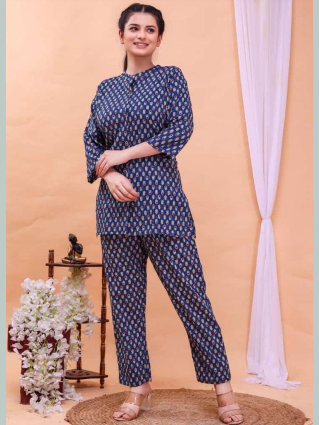 Cotton Print Button Down Top with Pants Co-ord Set - Blue