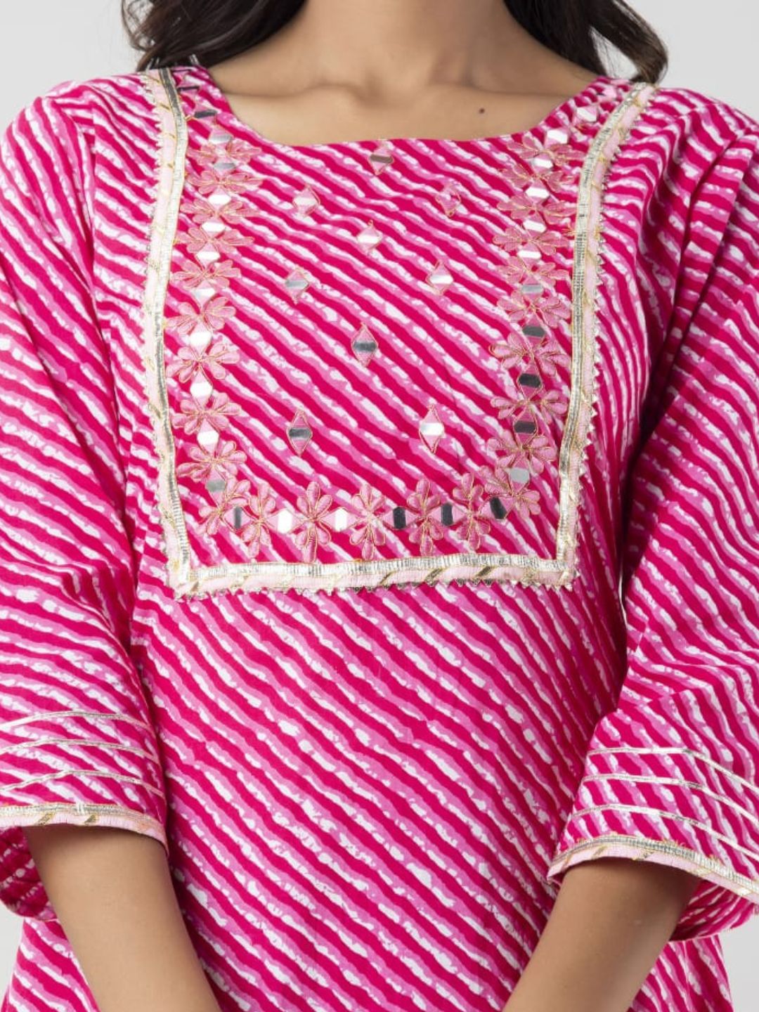 Cotton Lehariya Print A-line Kurta with Hand Embroidery - Pink