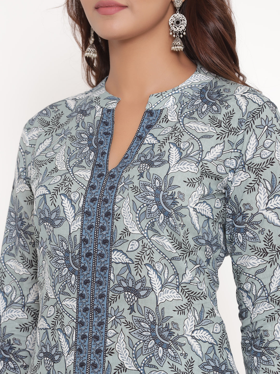 Pure Cotton Floral Printed Straight cut Kurta - Blue Grey