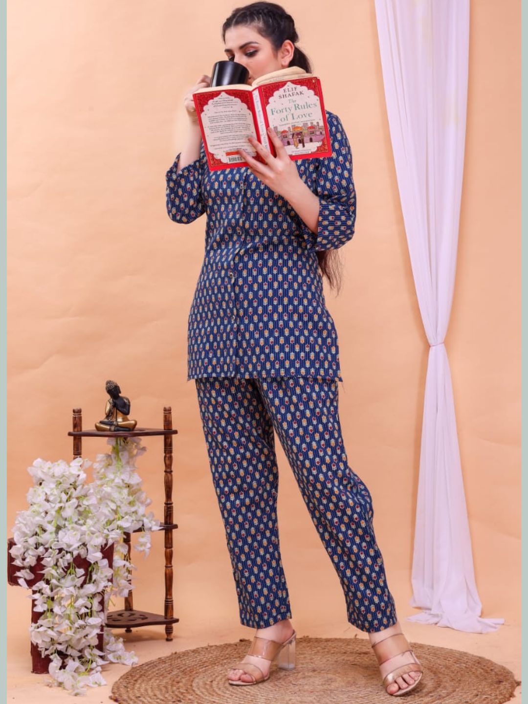 Cotton Print Button Down Top with Pants Co-ord Set - Blue