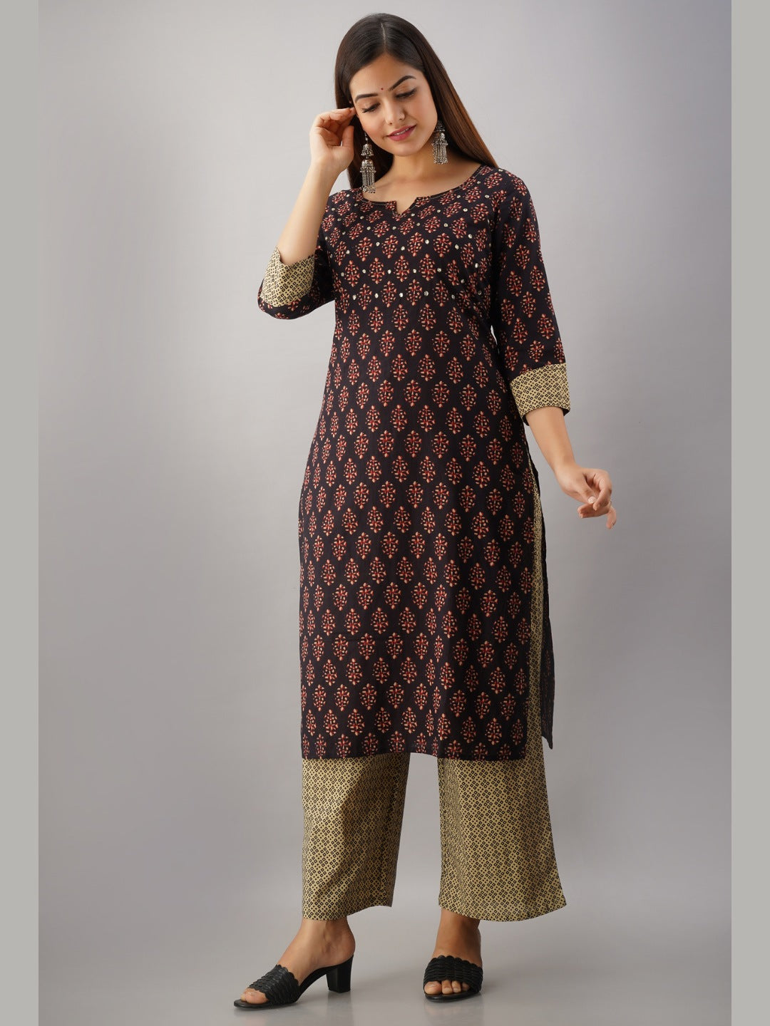 Pure Cotton Classic Ethnic Bandhani Print Embroidered Kurta Pant Set - Black