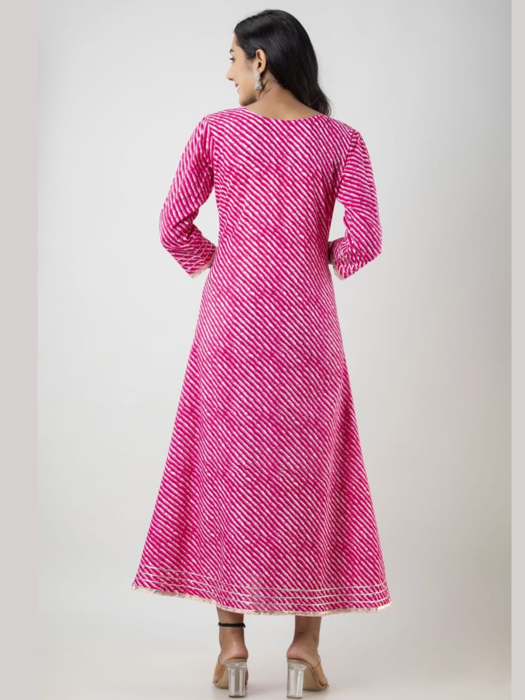 Cotton Lehariya Print A-line Kurta with Hand Embroidery - Pink