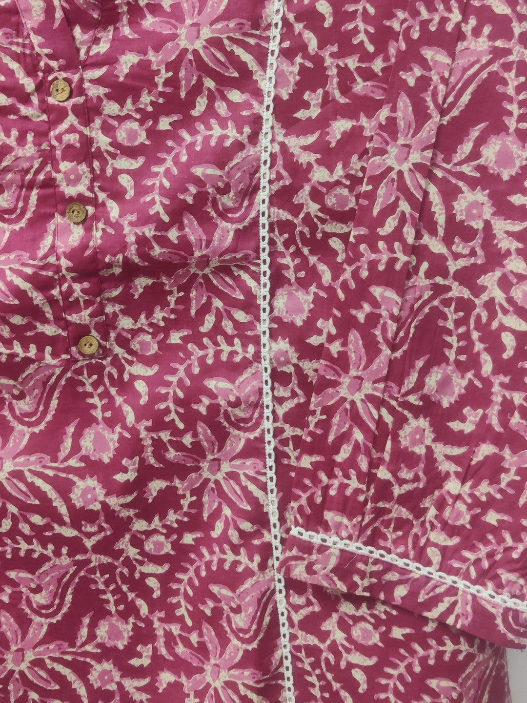 Pure Cotton Lace detail Collared Top - Dark Pink