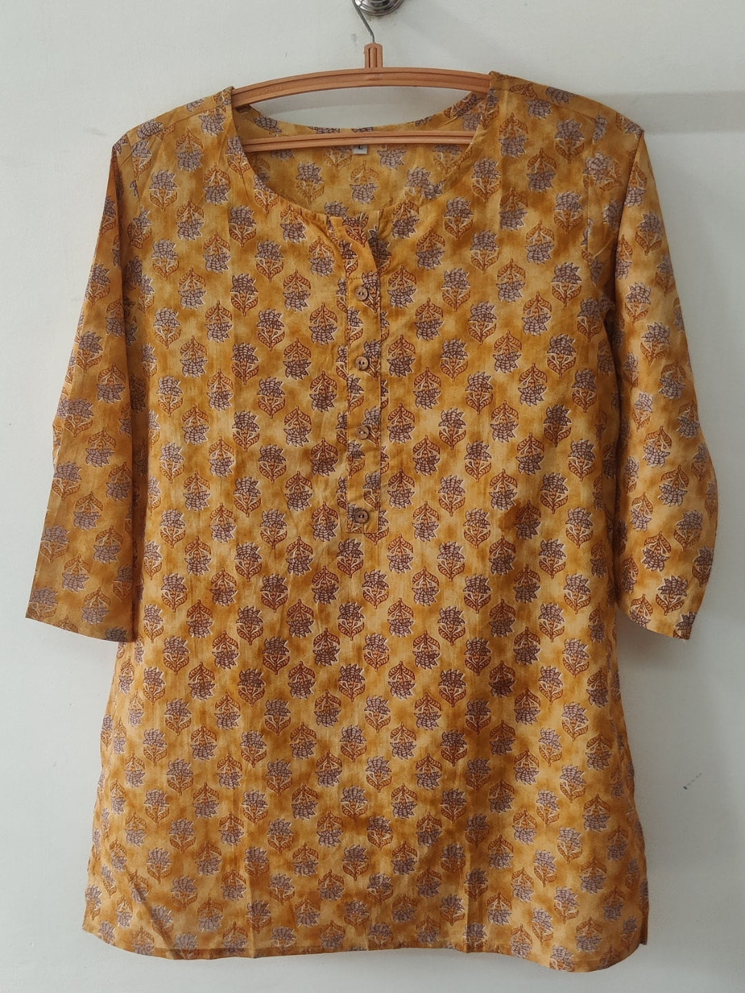Pure Cotton Printed Short Kurta - Mustard