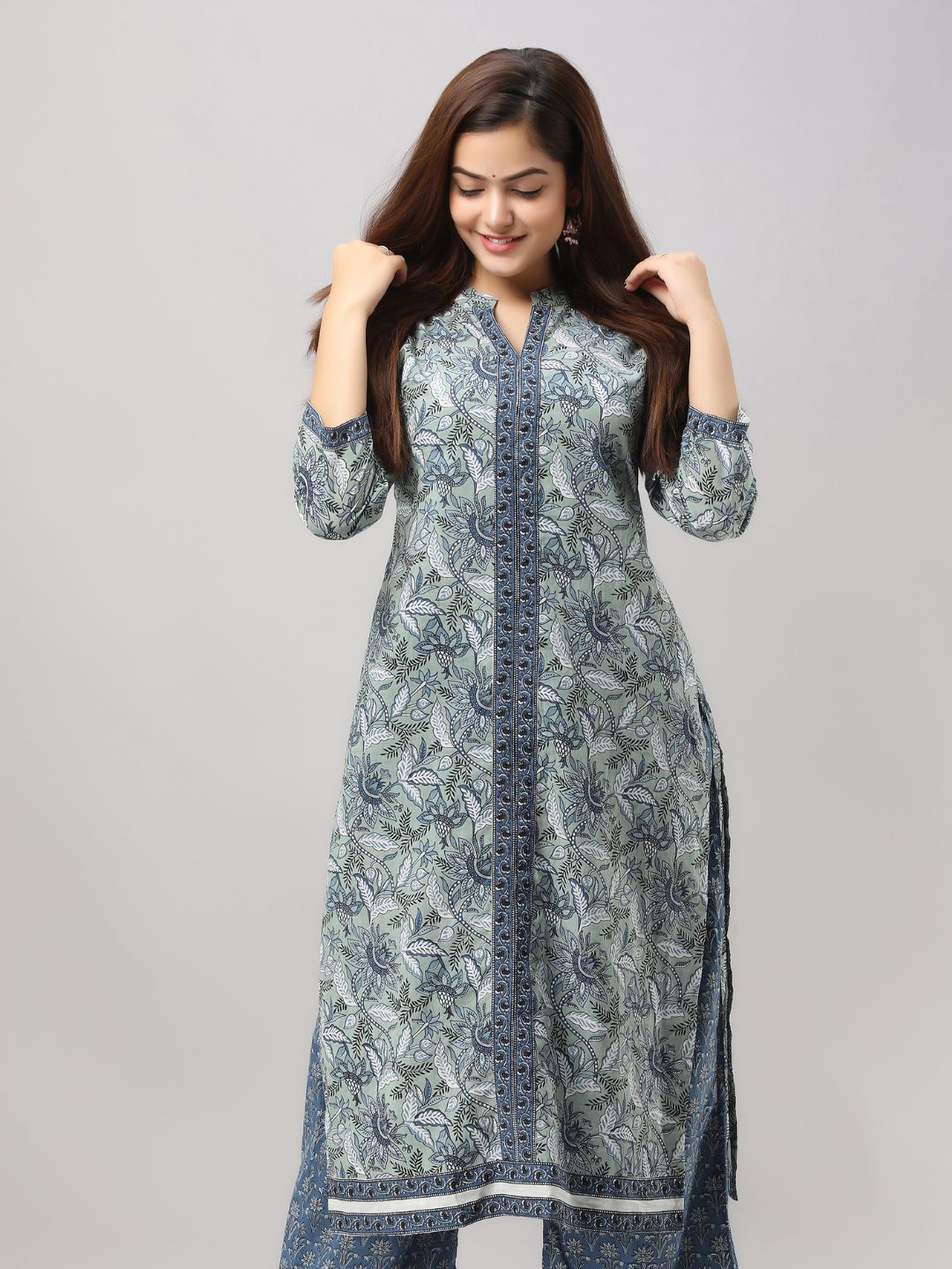 Pure Cotton Floral Printed Straight cut Kurta - Blue Grey