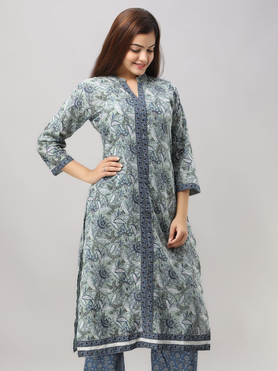 Pure Cotton Floral Printed Straight cut Kurta - Blue Grey