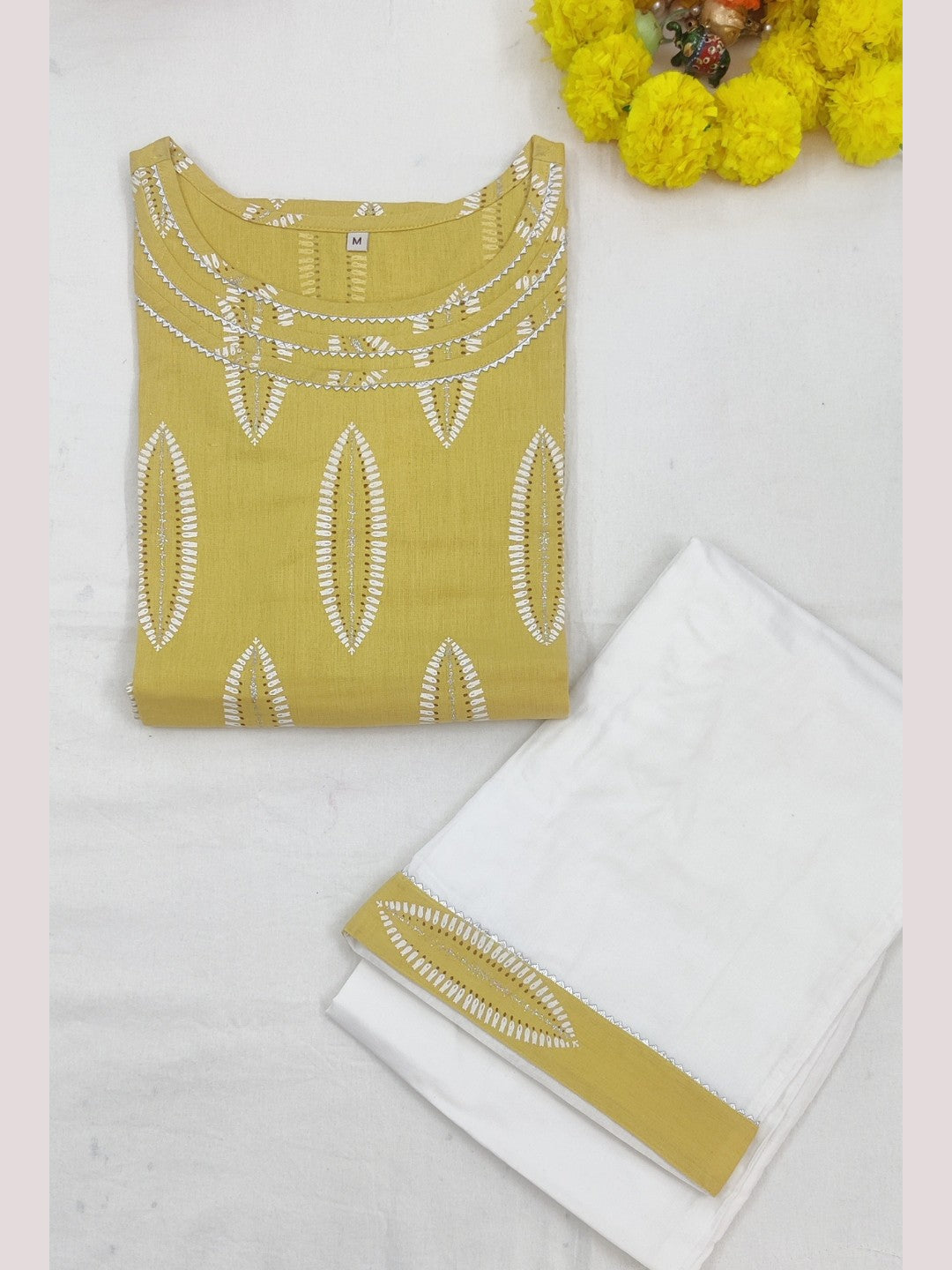Cotton Blend Abstract Print Kurta Palazzo Set - Lemon