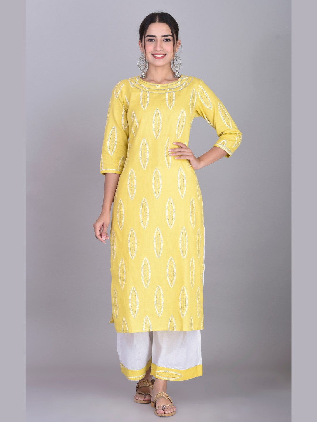 Cotton Blend Abstract Print Kurta Palazzo Set - Lemon
