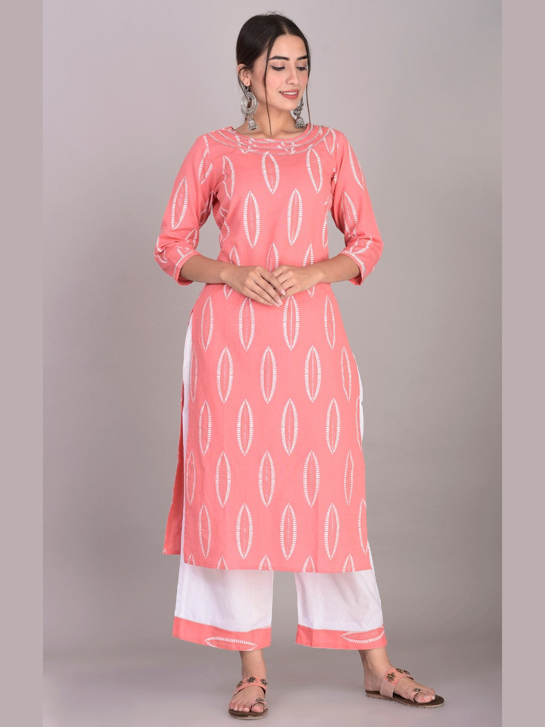 Cotton Blend Abstract Print Kurta Palazzo Set - Peach