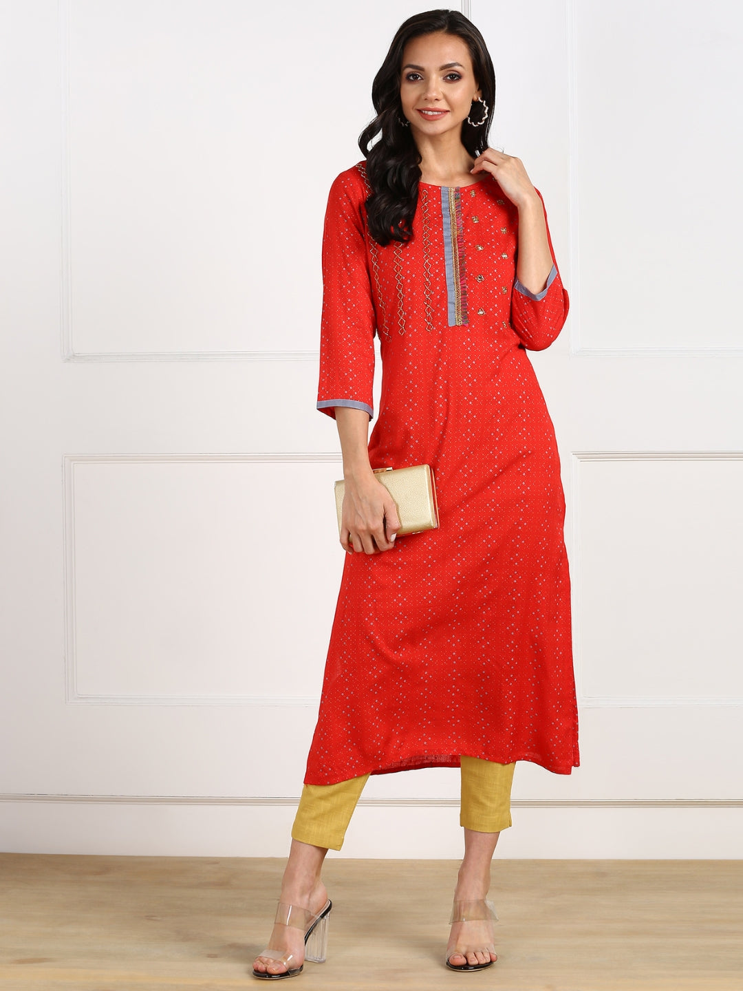 Ethnic Printed Lace detail Kurta - Red