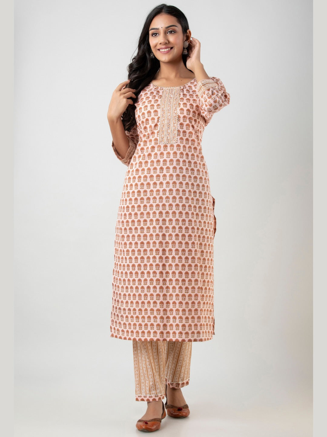 Pure Cotton Printed Kurta Pant Set with HandWork - Ivory
