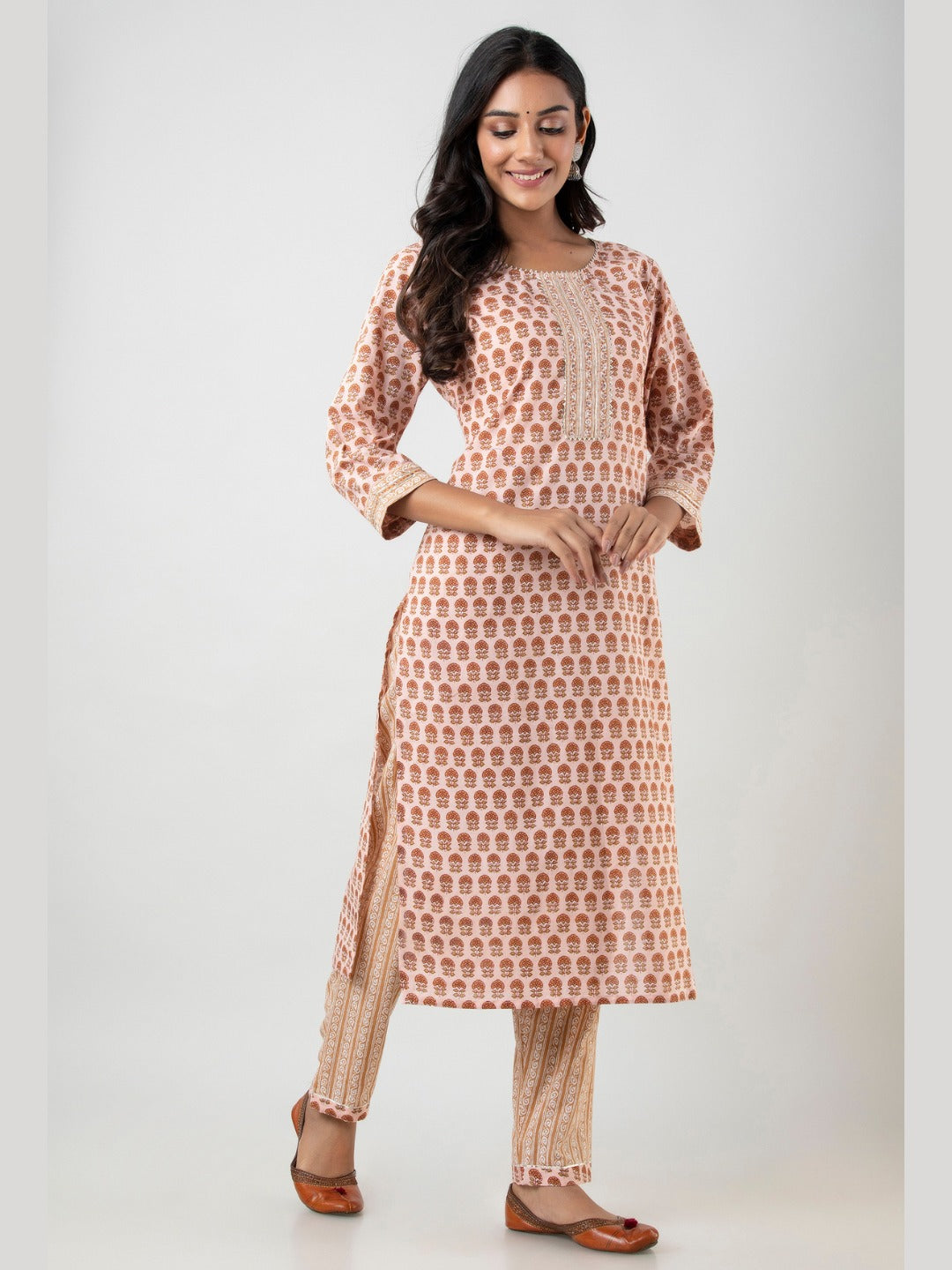 Pure Cotton Printed Kurta Pant Set with HandWork - Ivory