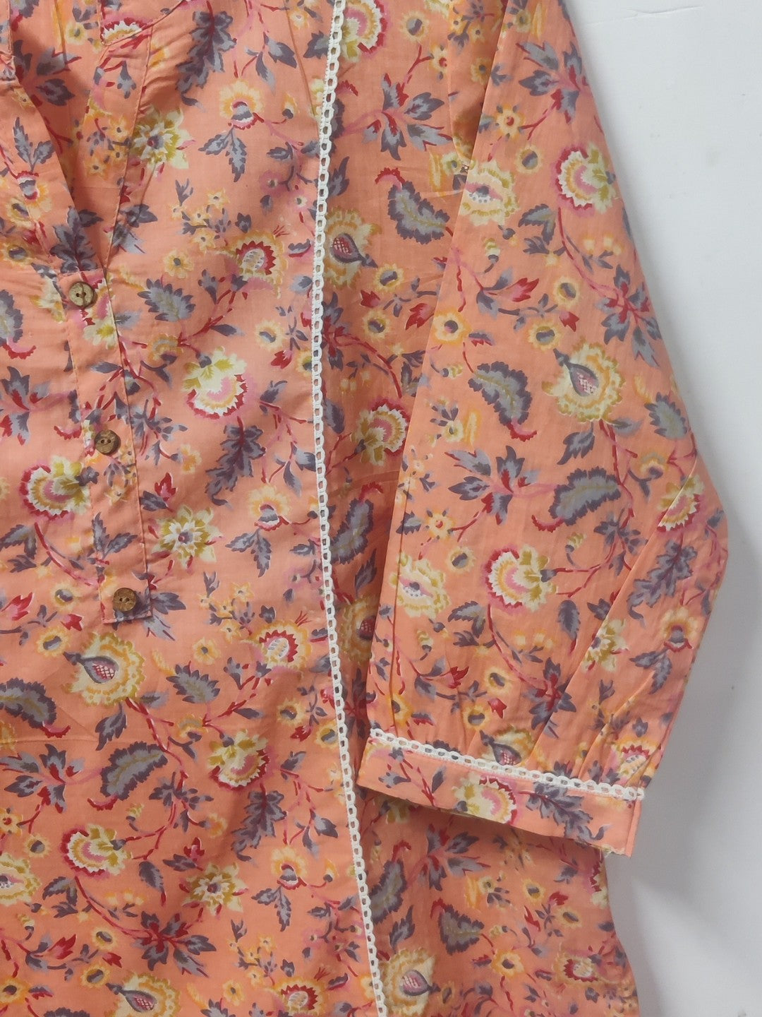 Pure Cotton Lace detail Collared Top - Peach