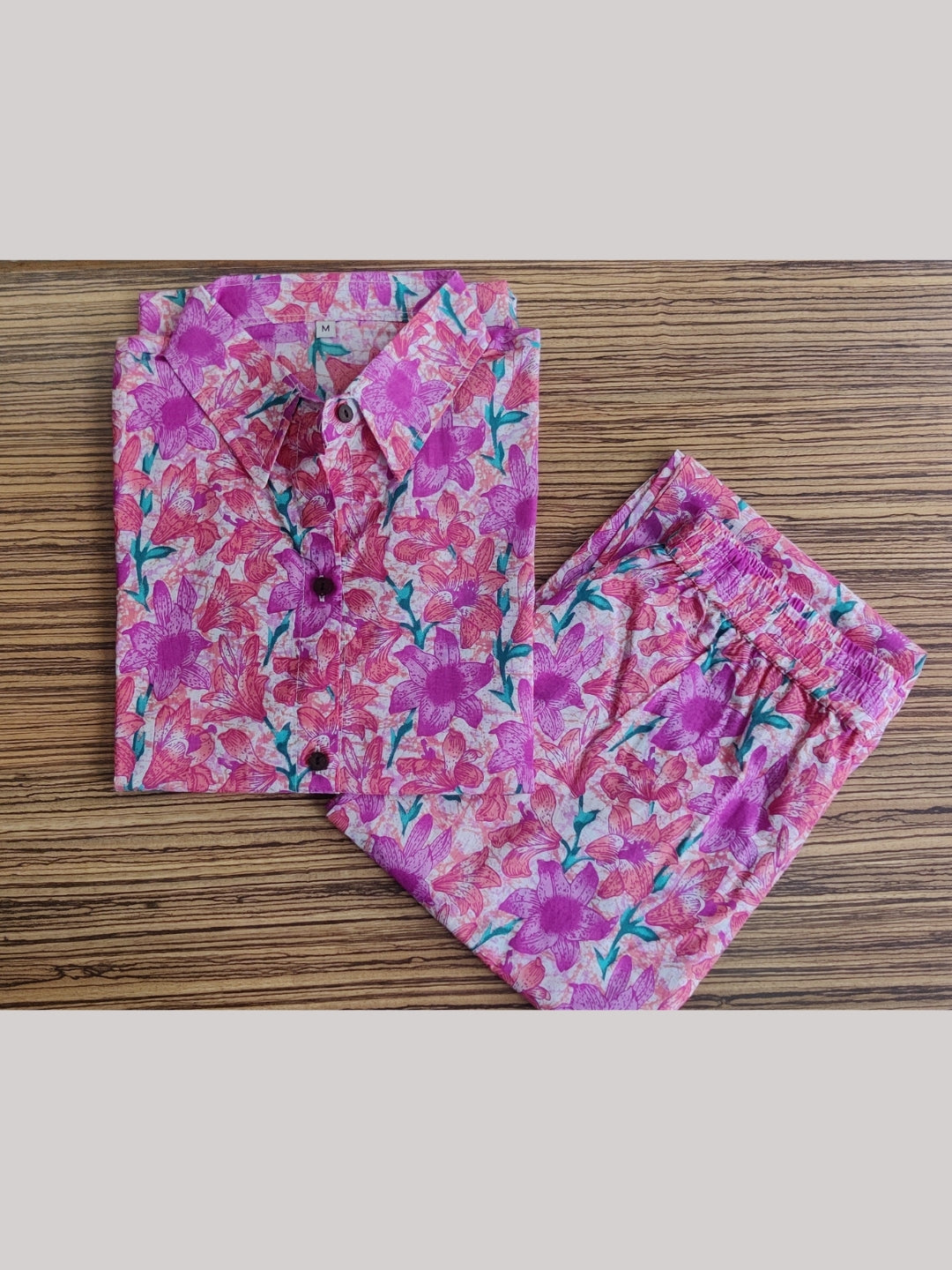 Cotton printed Shirt Style Top and Pant Co-Ord Set -Violet