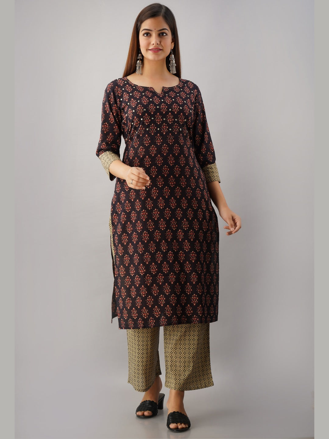 Pure Cotton Classic Ethnic Bandhani Print Embroidered Kurta Pant Set - Black
