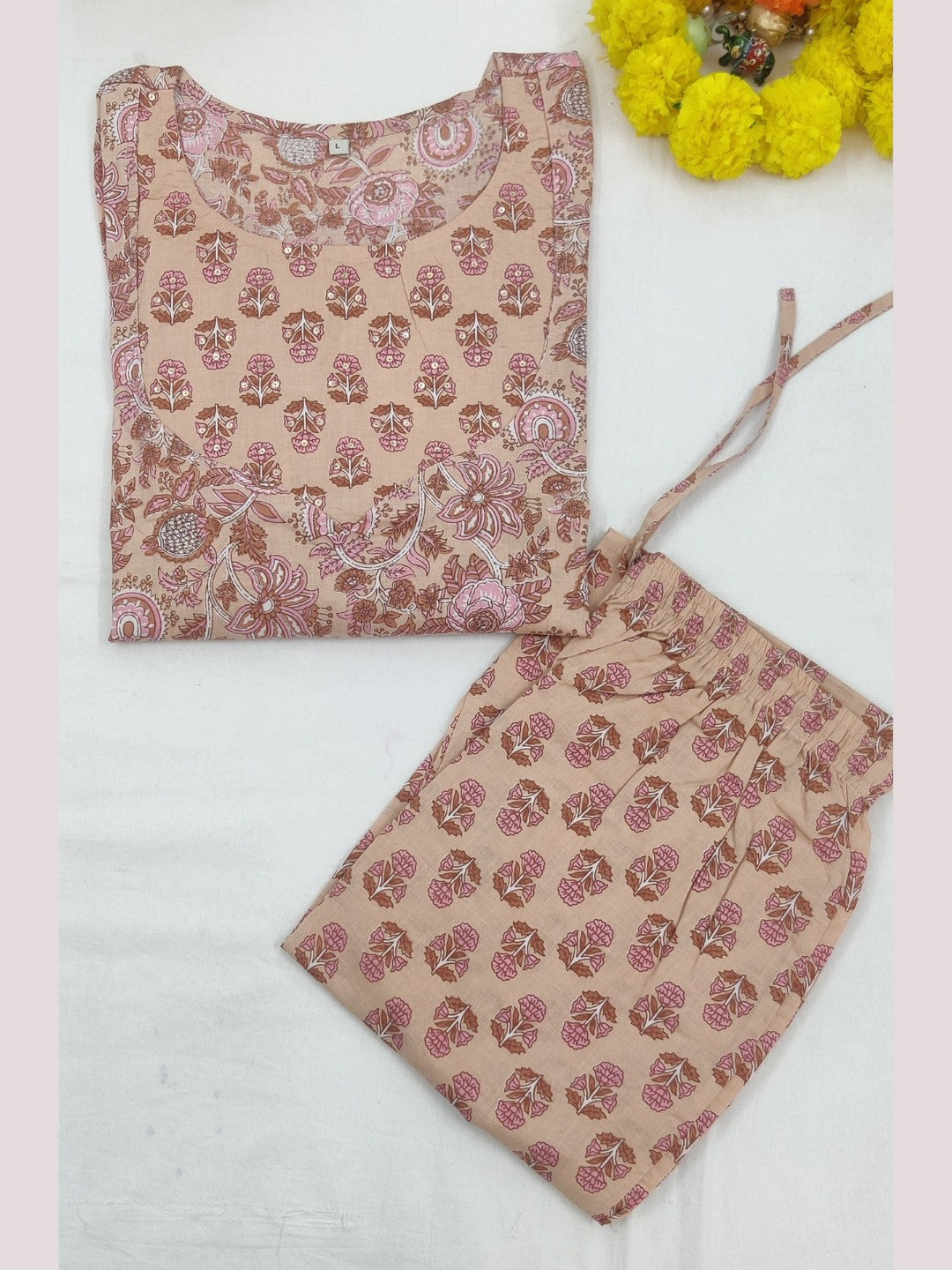 Pure Cotton Floral Print Kurta Pant Set - Orange