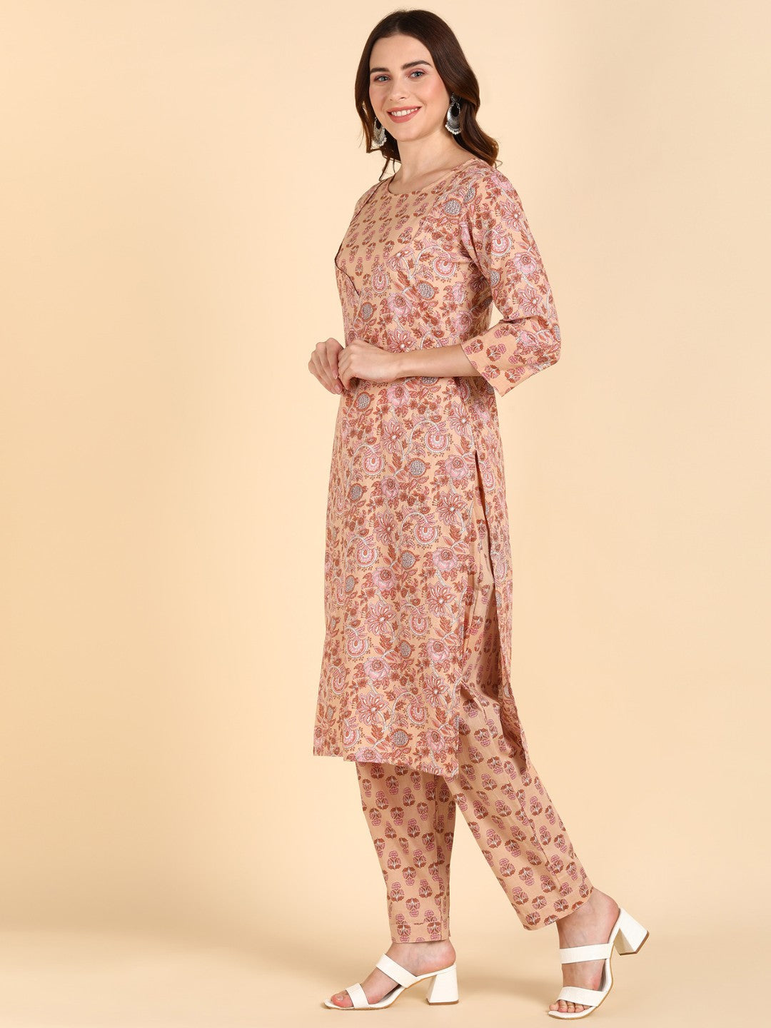 Pure Cotton Floral Print Kurta Pant Set - Orange