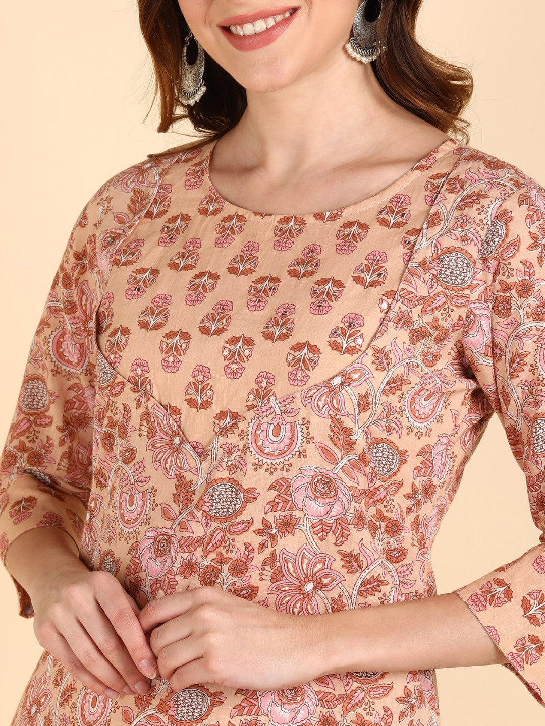 Pure Cotton Floral Print Kurta Pant Set - Orange
