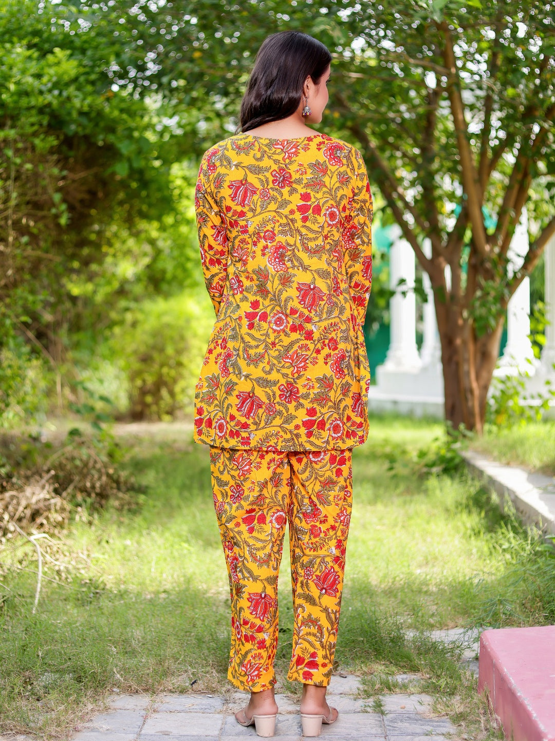Floral Abstract Print Pure Cotton Lounge Set - Mustard