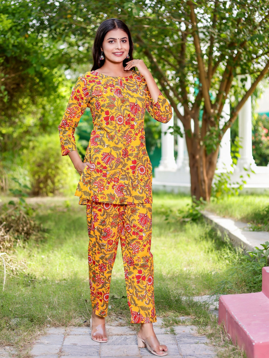 Floral Abstract Print Pure Cotton Lounge Set - Mustard