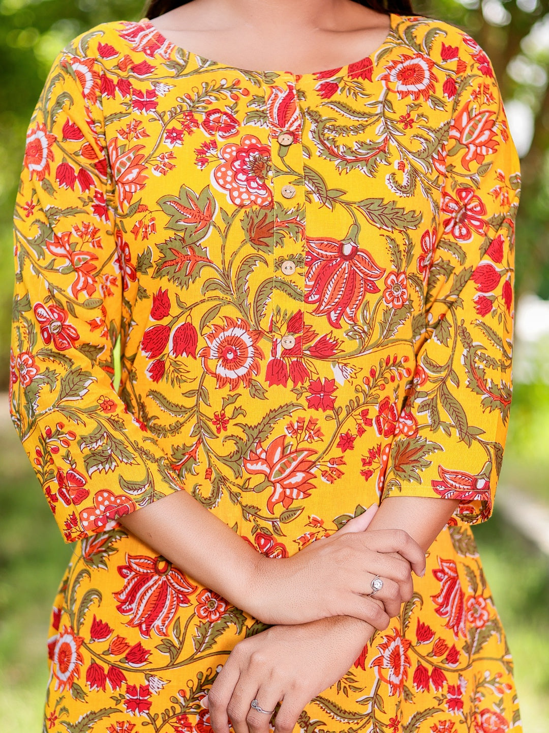 Floral Abstract Print Pure Cotton Lounge Set - Mustard