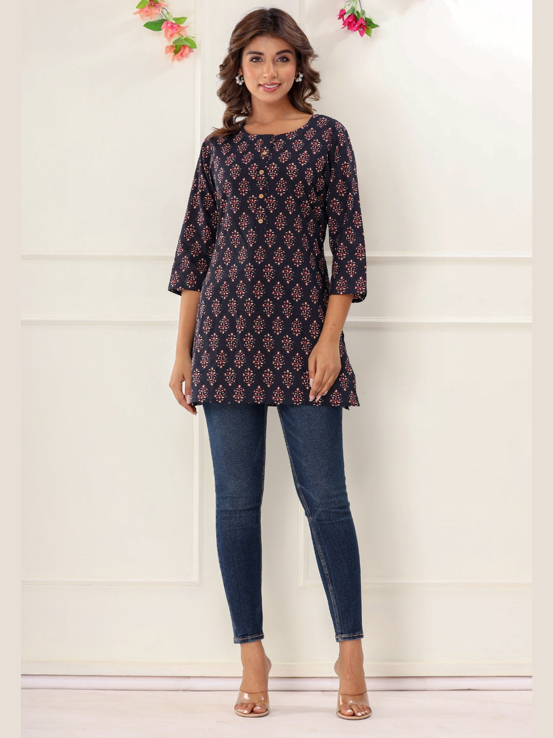 Pure Cotton Classic Booti Printed Top - Black
