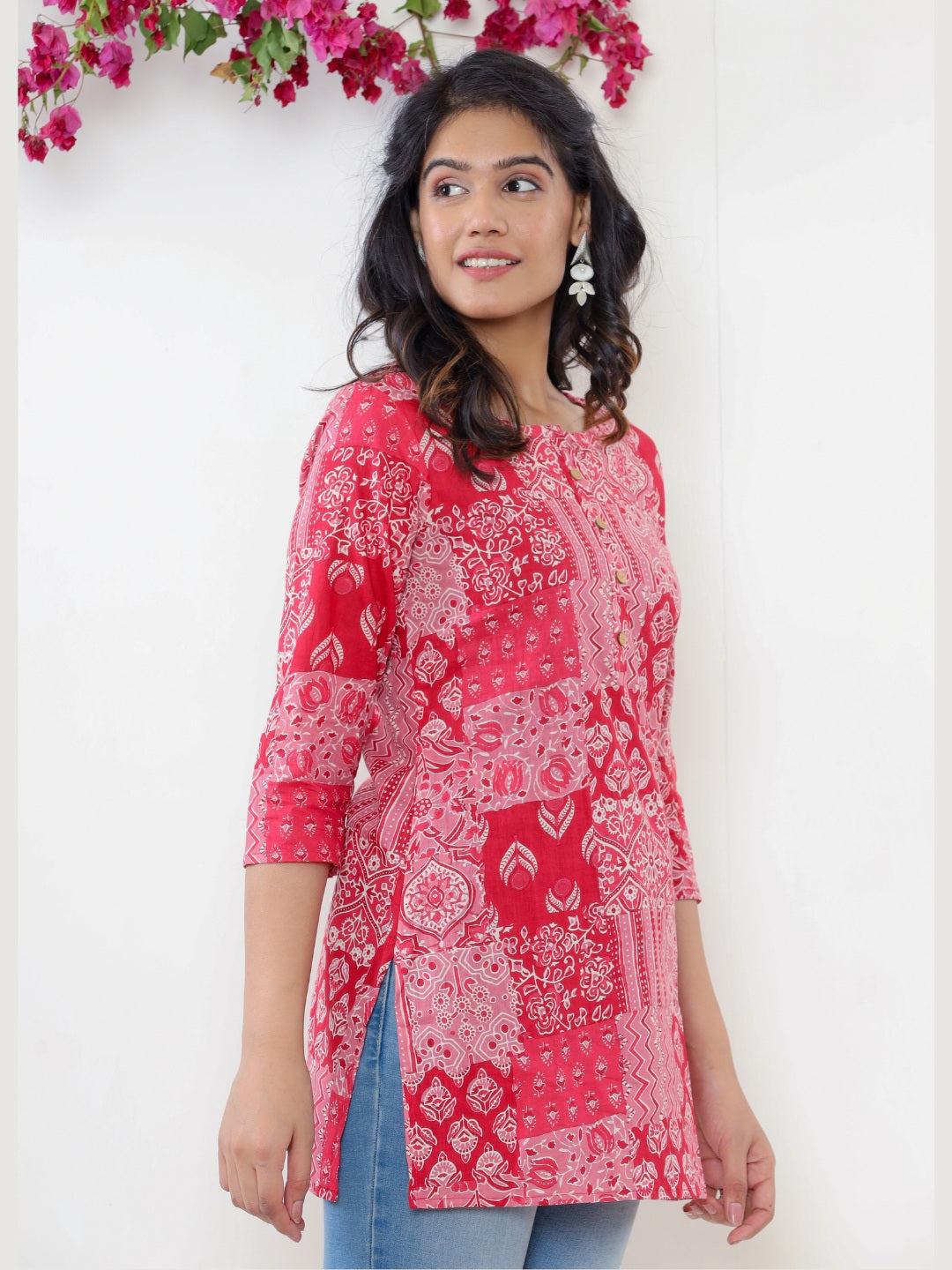 Pure Cotton Patch Printed Top - Maroon-Pink