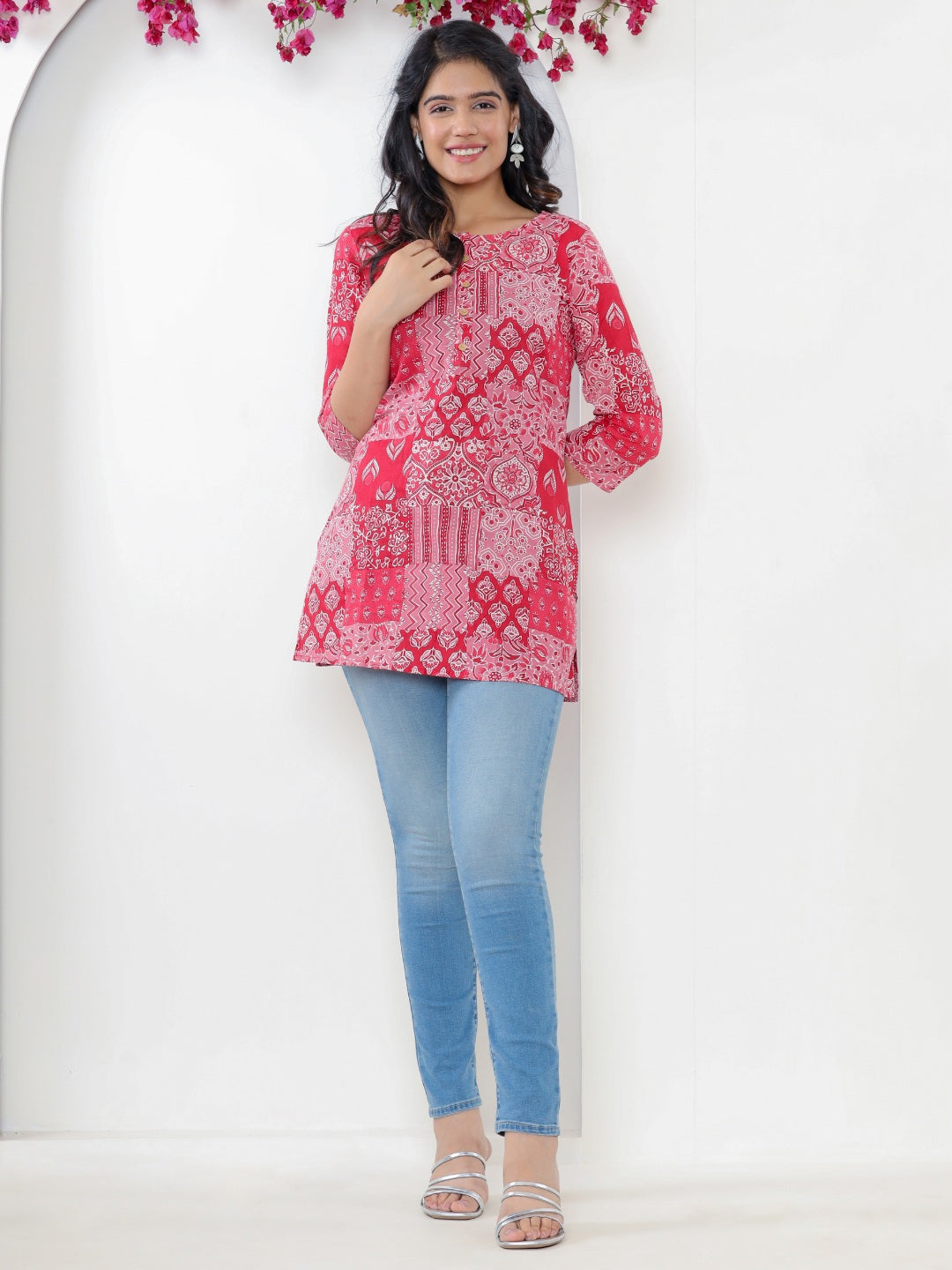 Pure Cotton Patch Printed Top - Maroon-Pink