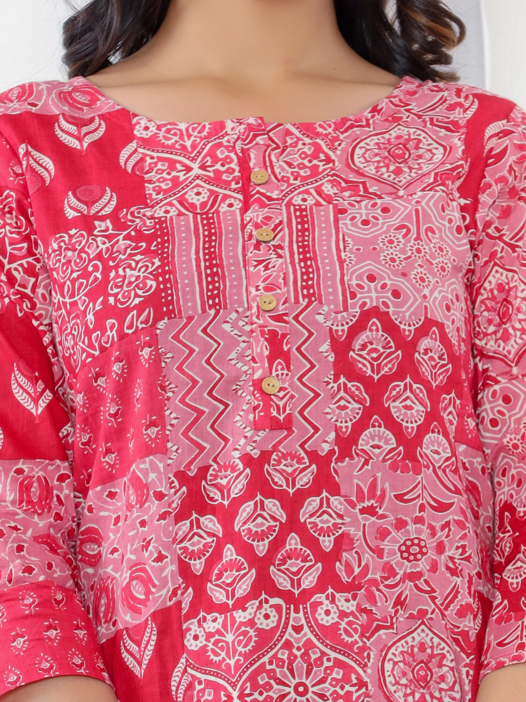 Pure Cotton Patch Printed Top - Maroon-Pink