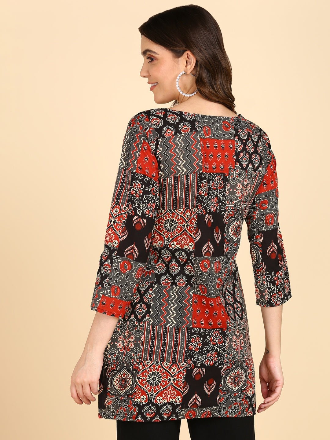 Pure Cotton Patch Printed Top - Black-Beige