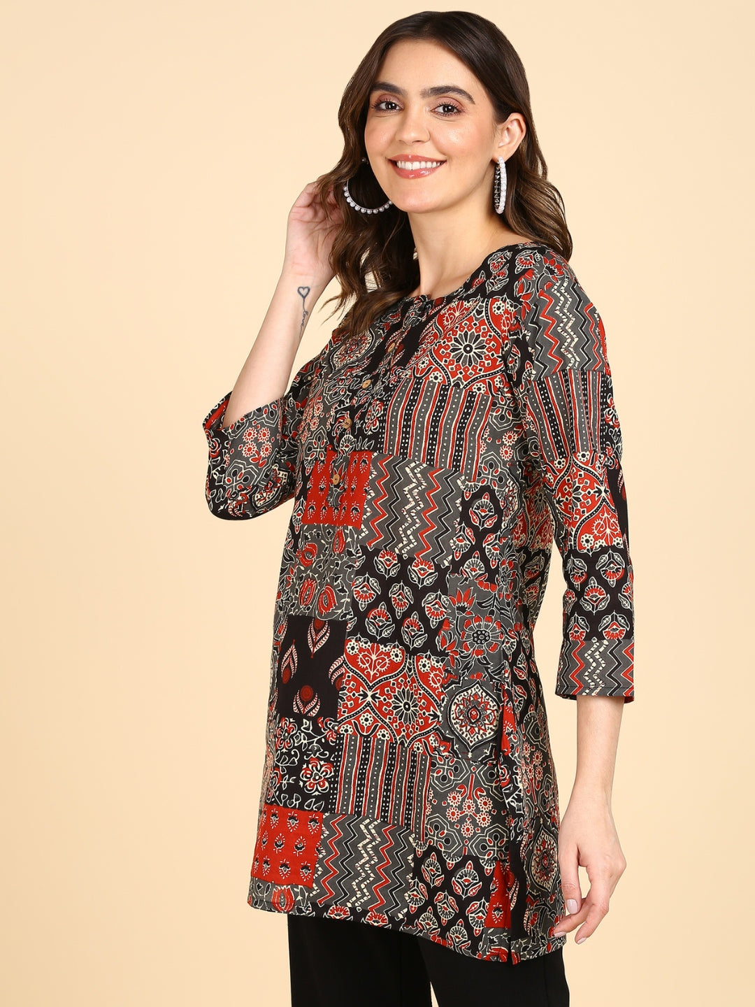 Pure Cotton Patch Printed Top - Black-Beige