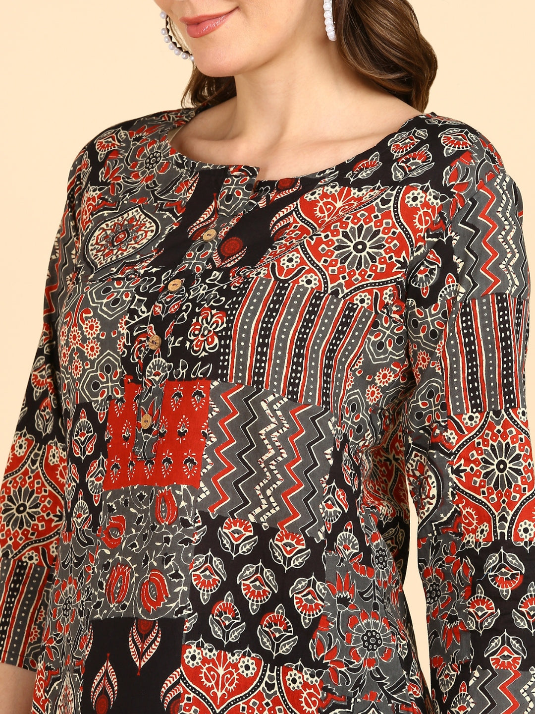 Pure Cotton Patch Printed Top - Black-Beige