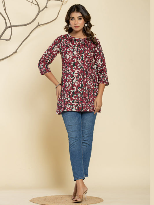 Pure Cotton Floral  Printed Top - Wine