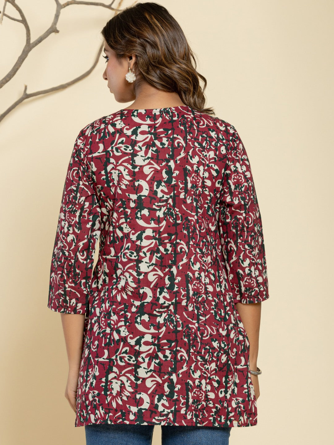Pure Cotton Floral  Printed Top - Wine