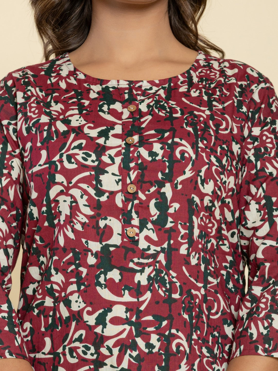 Pure Cotton Floral  Printed Top - Wine