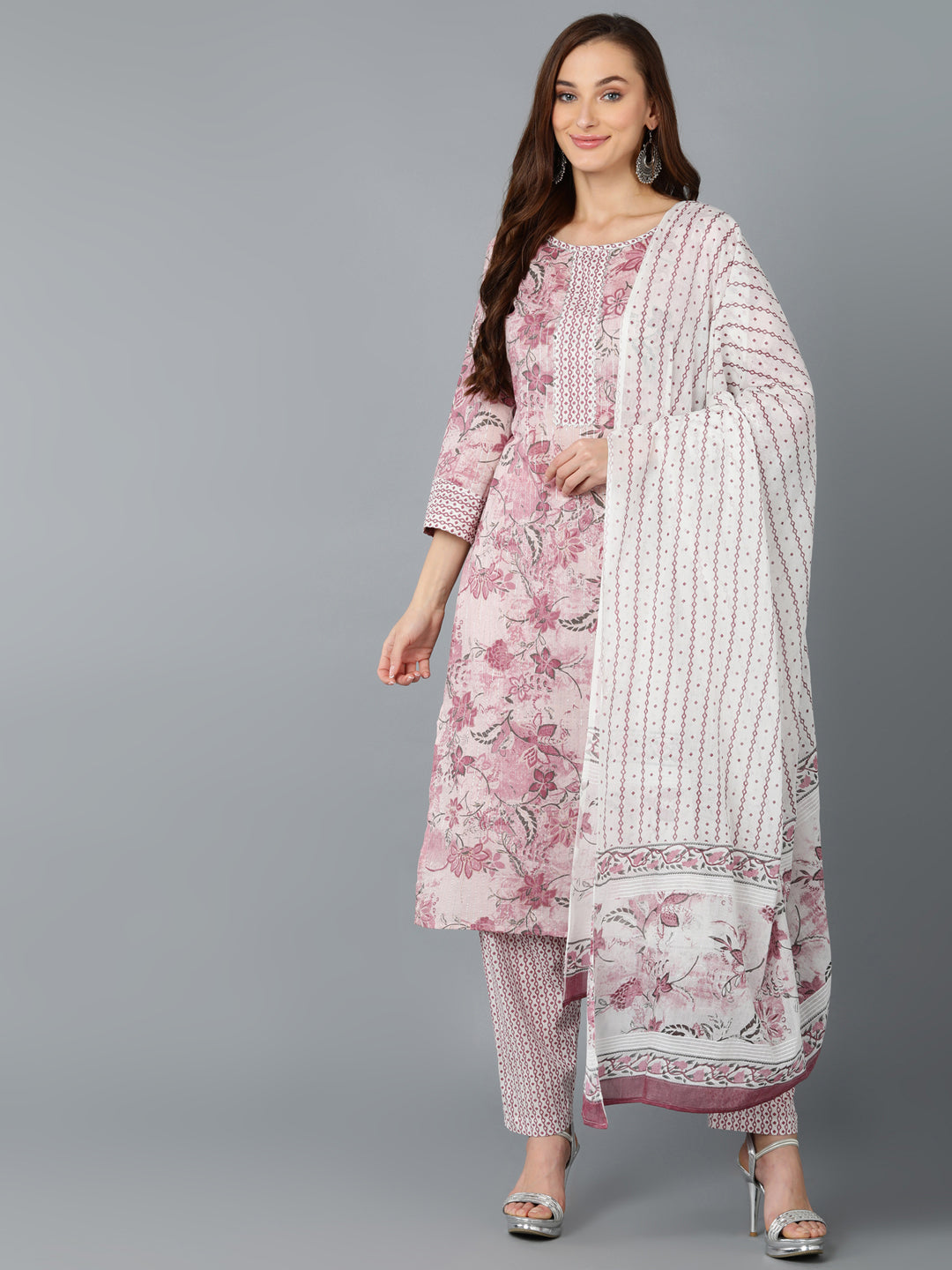 Floral Print Kurta, Pant and Dupatta Set - Pink