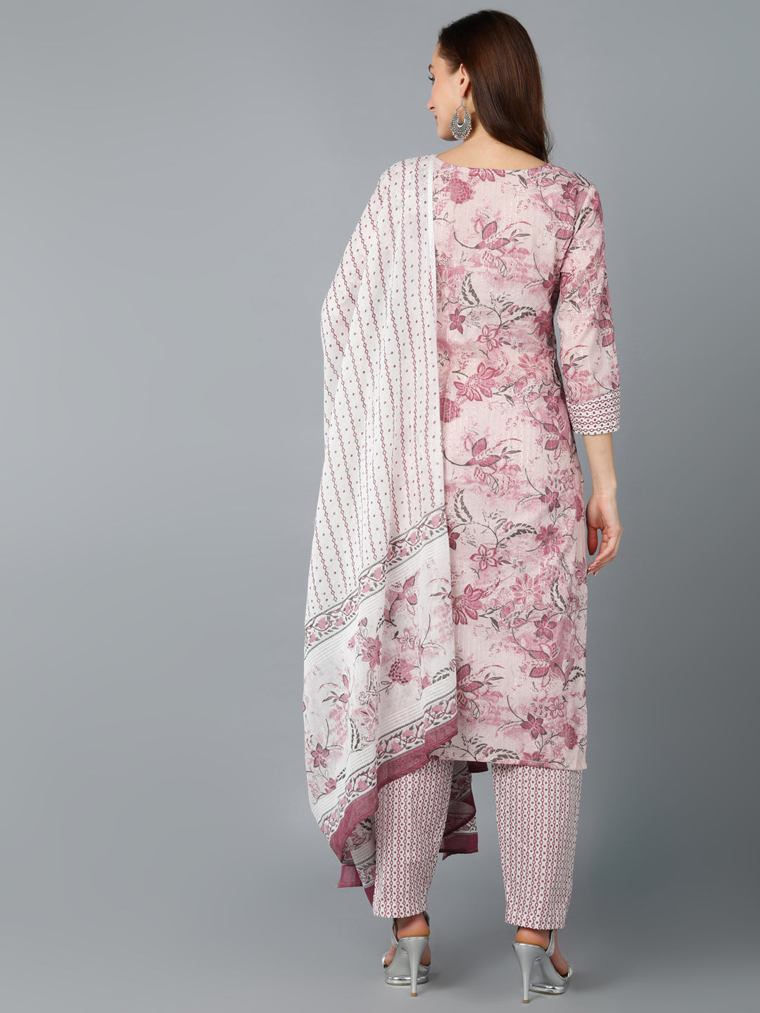 Floral Print Kurta, Pant and Dupatta Set - Pink