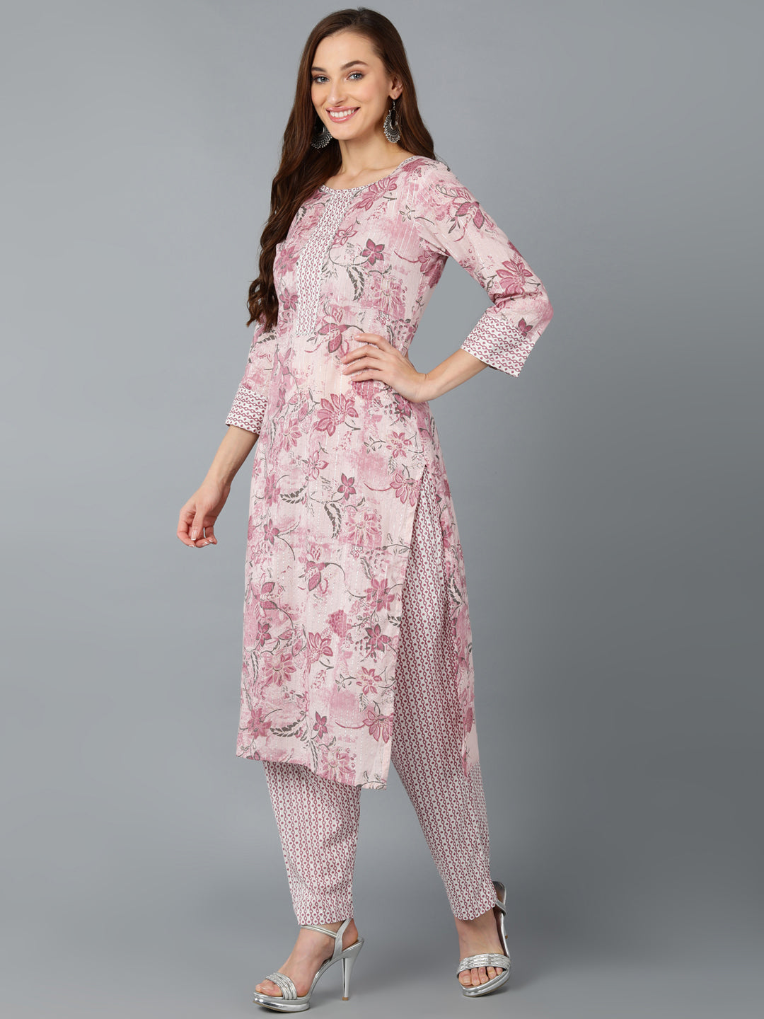 Floral Print Kurta, Pant and Dupatta Set - Pink