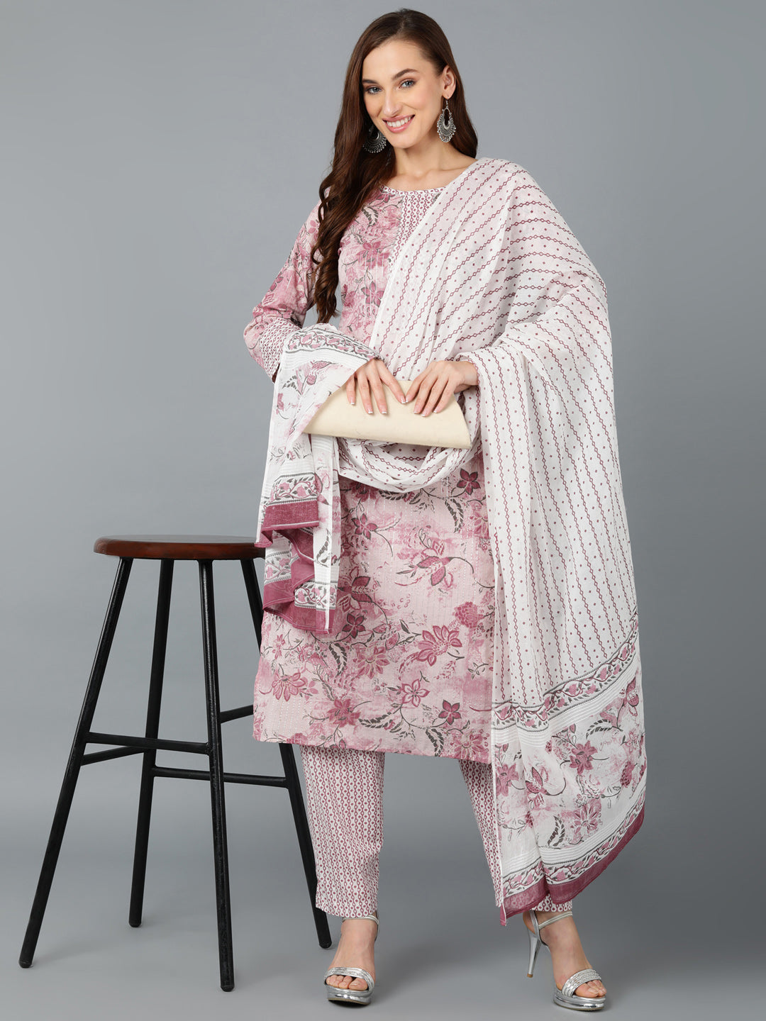 Floral Print Kurta, Pant and Dupatta Set - Pink