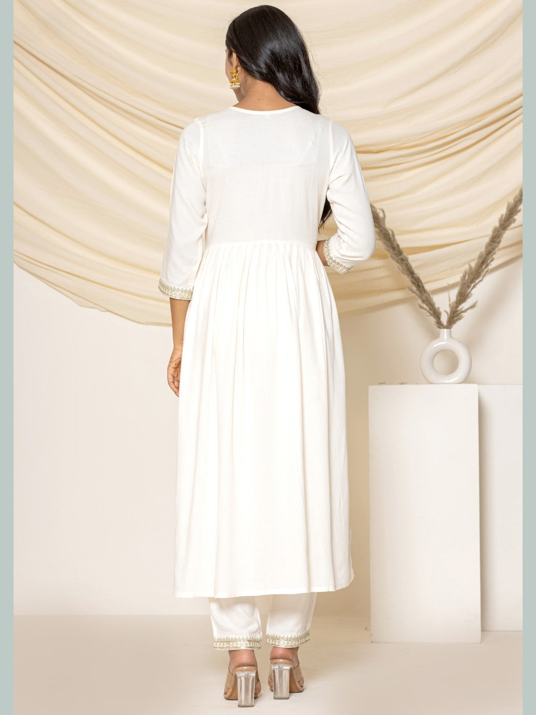 Solid Emboidered Nyra Cut Kurta with Pants - Off-White