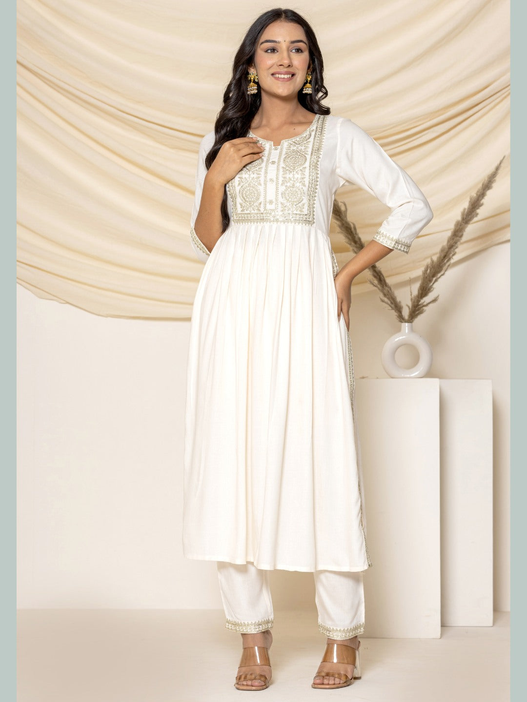 Solid Emboidered Nyra Cut Kurta with Pants - Off-White