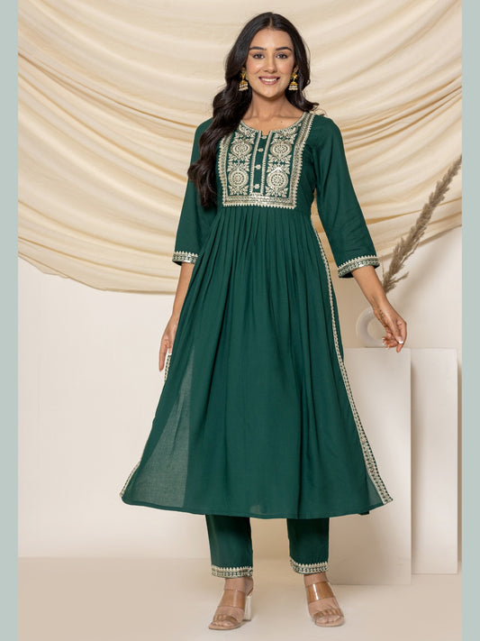 Solid Emboidered Nyra Cut Kurta with Pants - Bottle Green