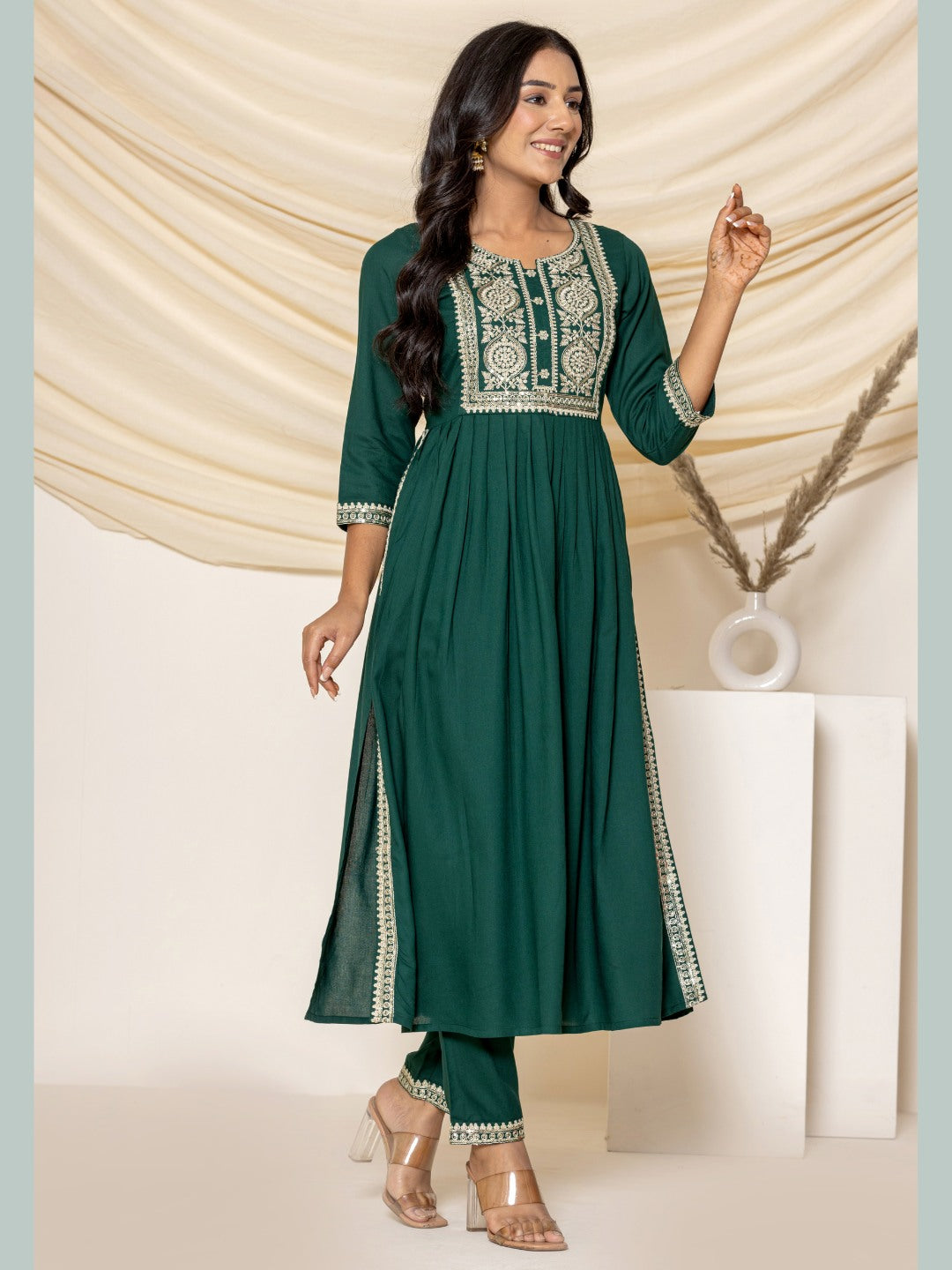 Solid Emboidered Nyra Cut Kurta with Pants - Bottle Green