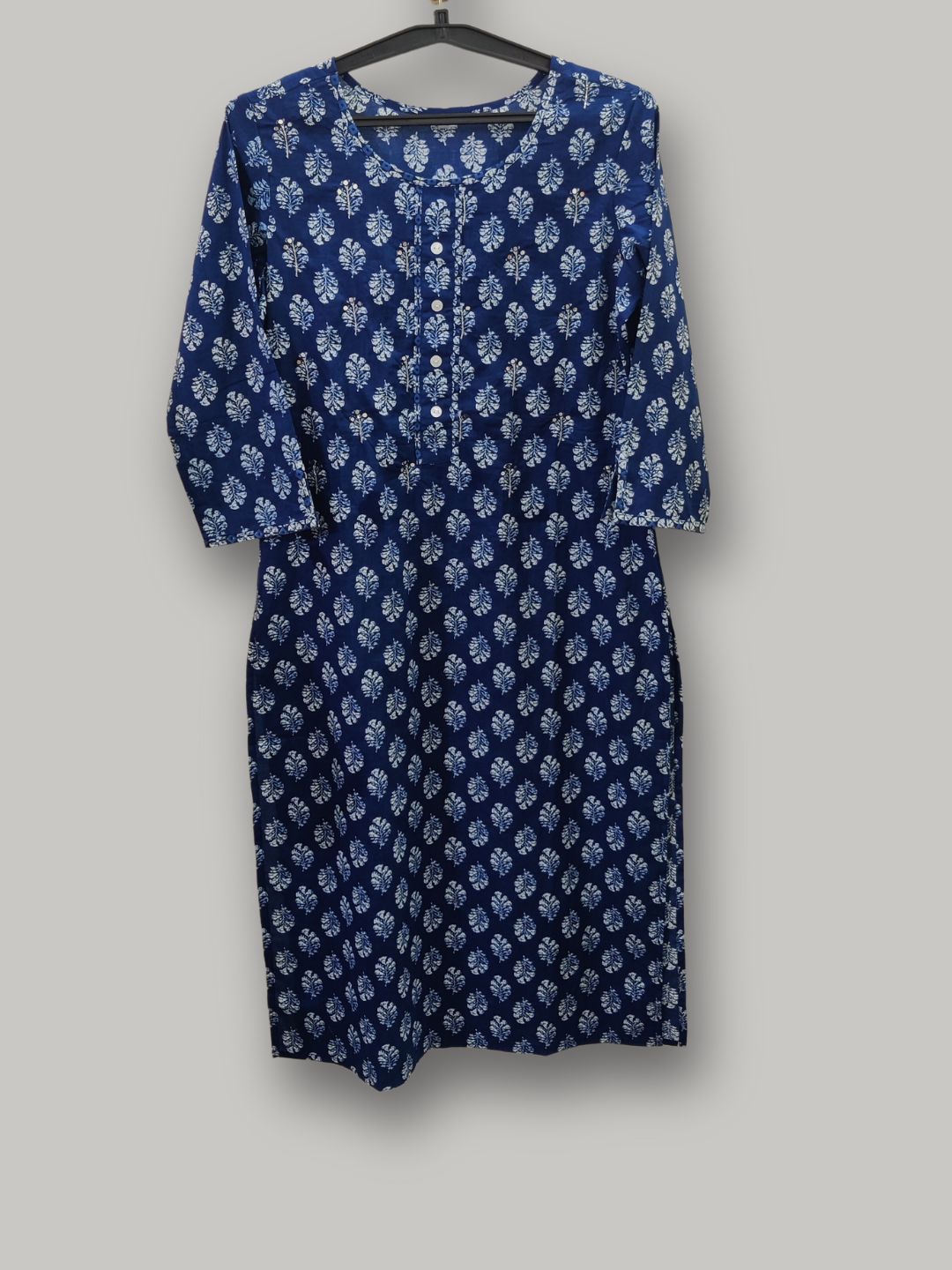 Pure Cotton Hand Embroidered Printed Straight cut Kurta - Indigo