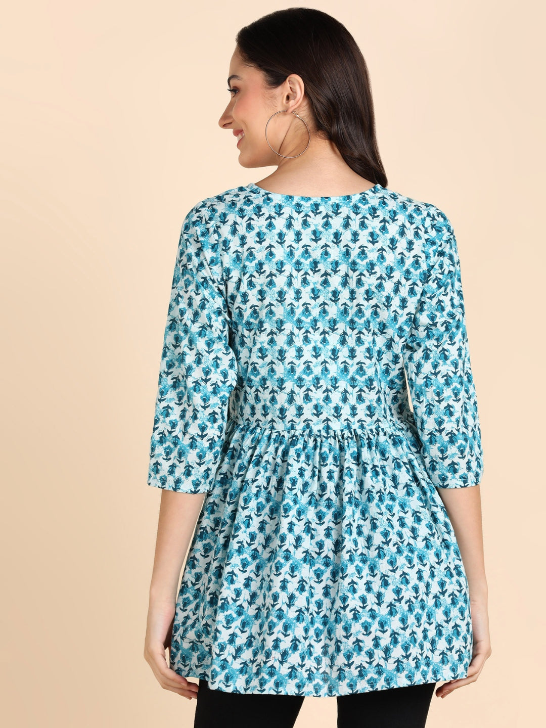 Pure Cotton Floral Printed Peplum Top - Blue