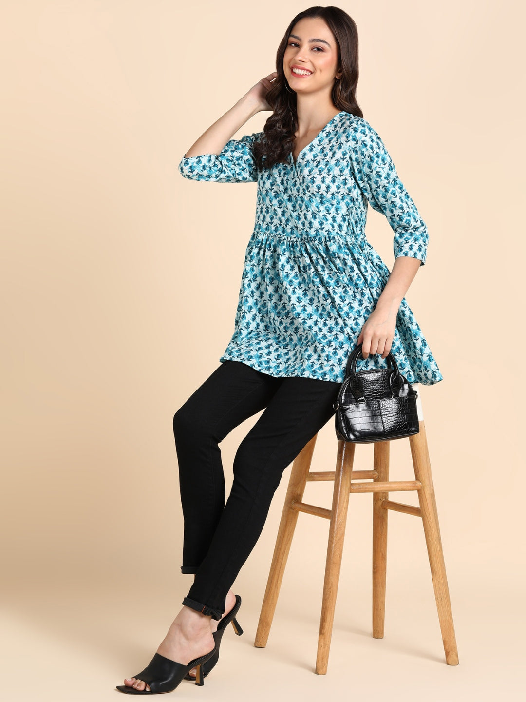 Pure Cotton Floral Printed Peplum Top - Blue