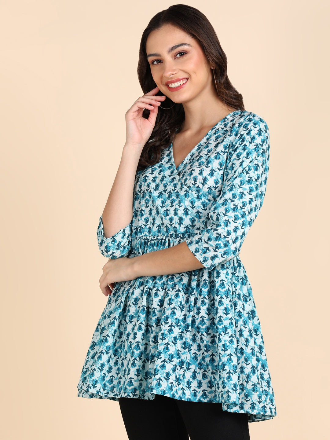Pure Cotton Floral Printed Peplum Top - Blue