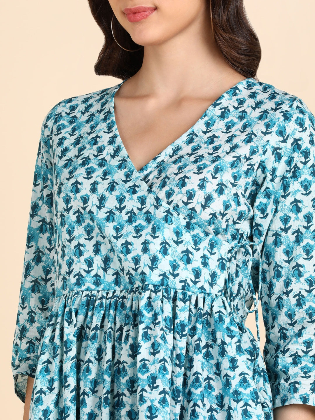 Pure Cotton Floral Printed Peplum Top - Blue