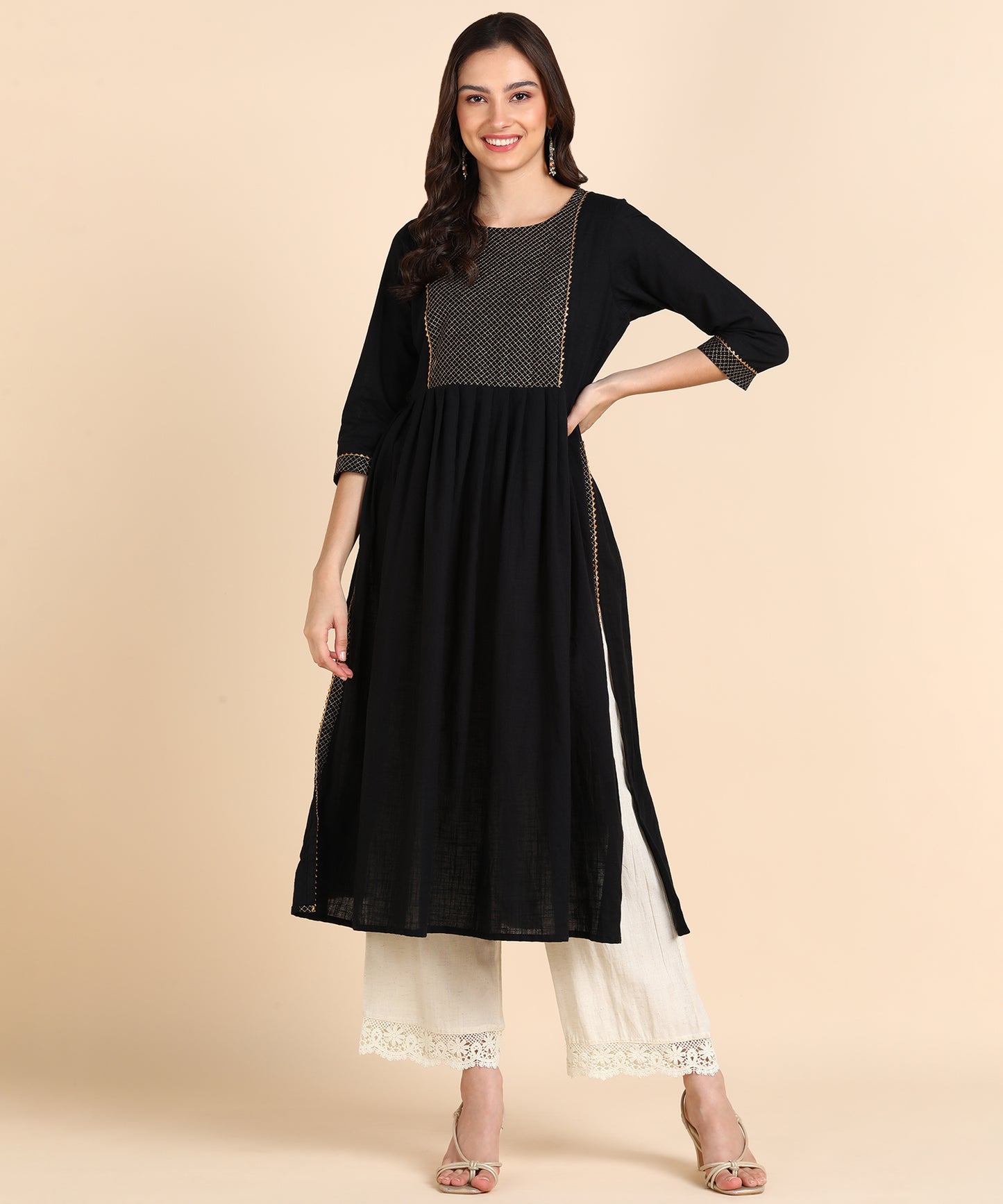 Pure Cotton Zari Quilted Nyra cut Kurta - Black