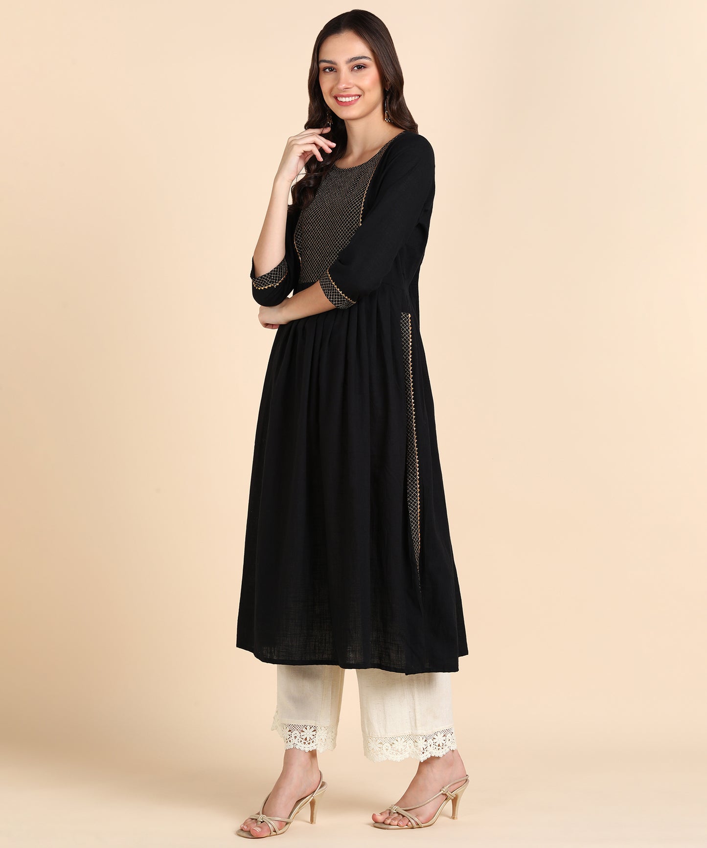 Pure Cotton Zari Quilted Nyra cut Kurta - Black